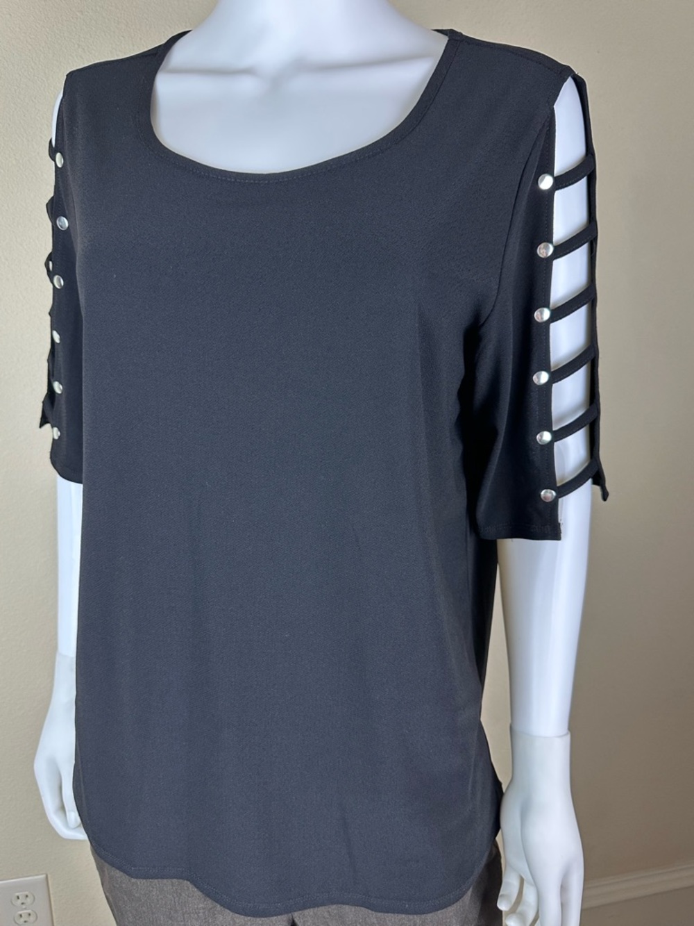89th & Madison Black Short Sleeve Top with Ladder Cutouts and Button Accents